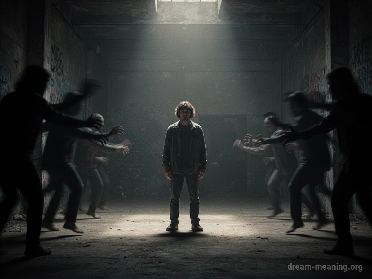 A person standing alone as shadowy figures loom closer.