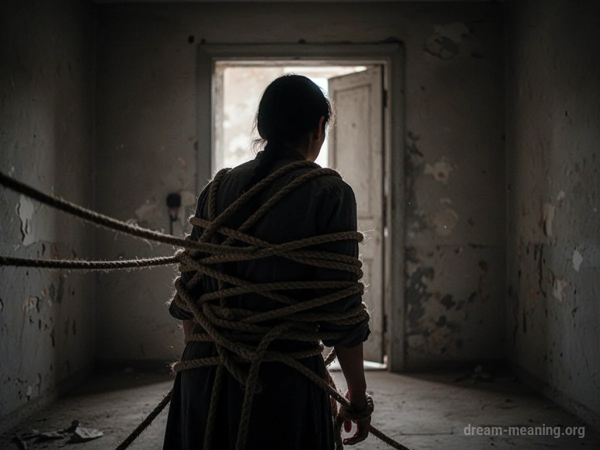 Silhouette of a person bound by ropes.