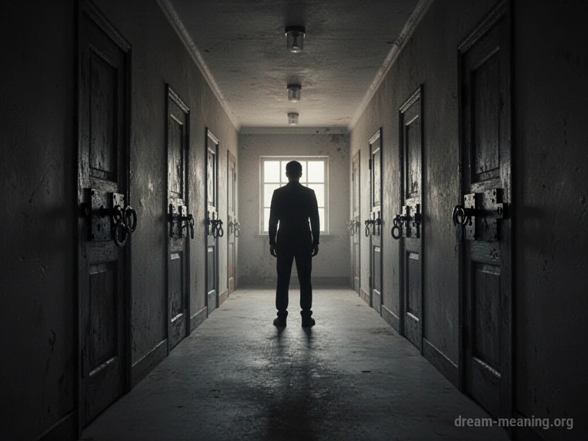 Silhouette of a person at the end of a long, dim hallway.