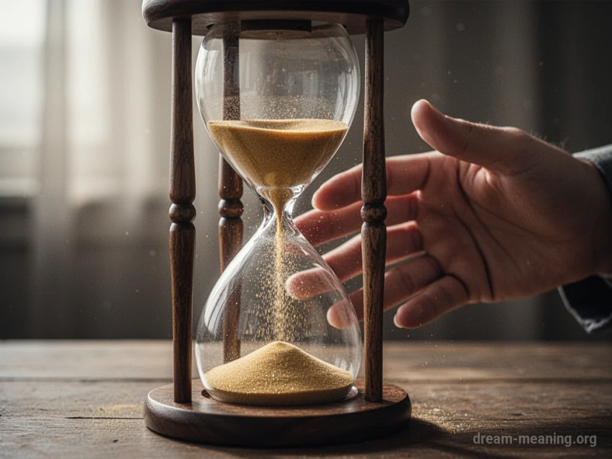 A hand reaching towards a falling stream of sand inside an hourglass.