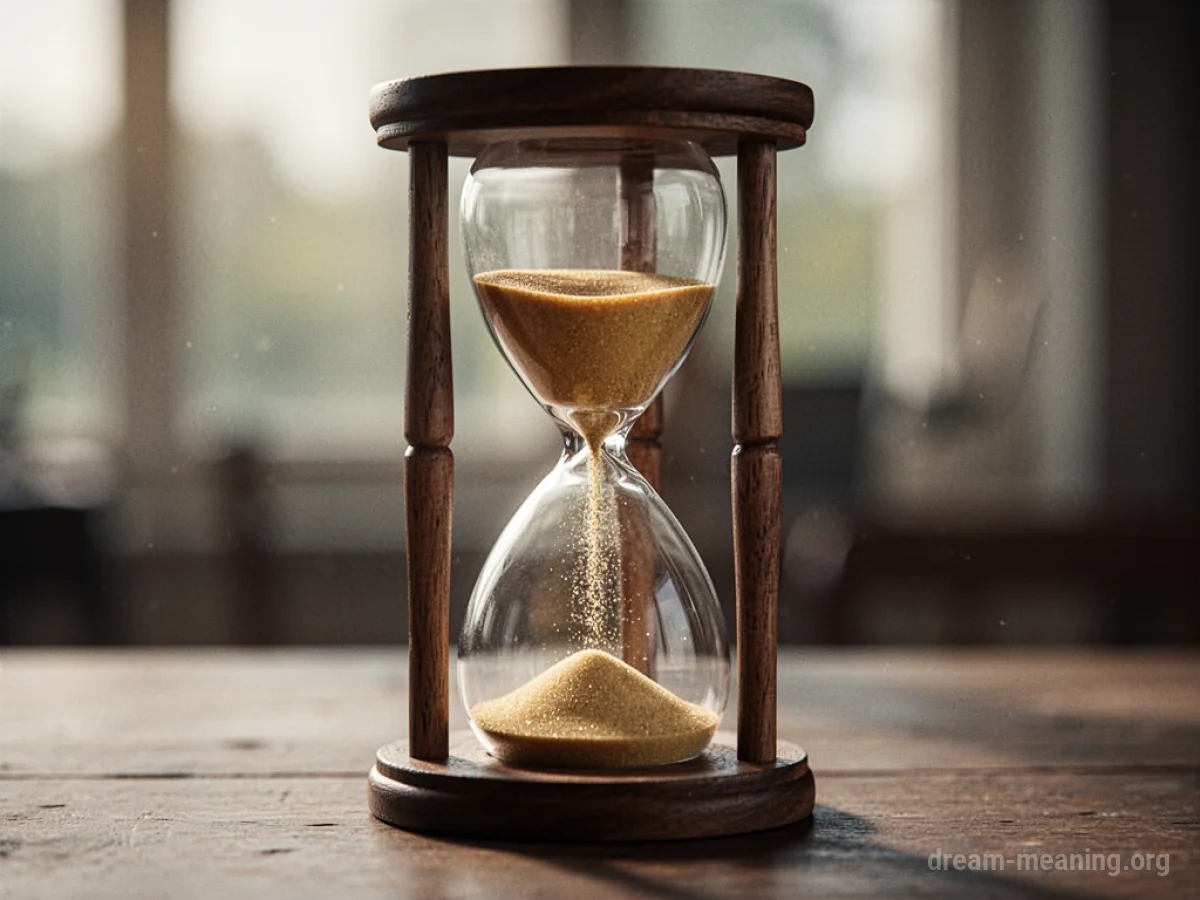 An hourglass with sand flowing from the top bulb to the bottom bulb.