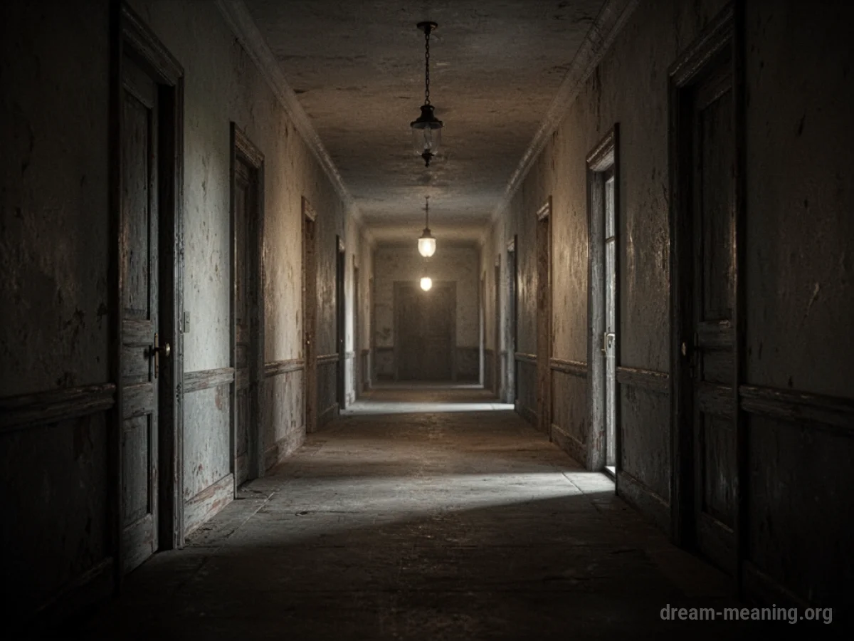 A person walking down a long, dark hallway towards a distant light.