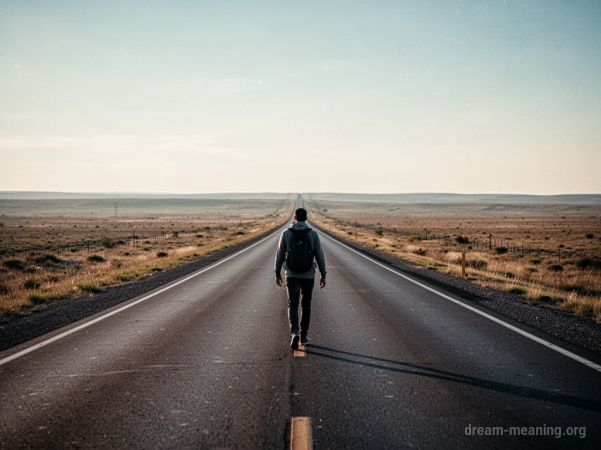 A lone figure walks down the center of an empty asphalt highway.