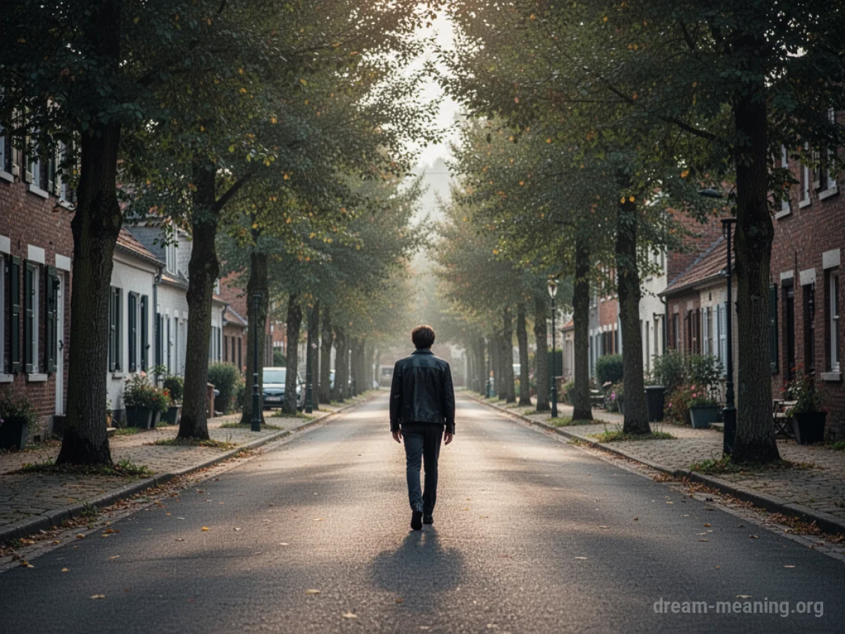A person walks down a residential street.