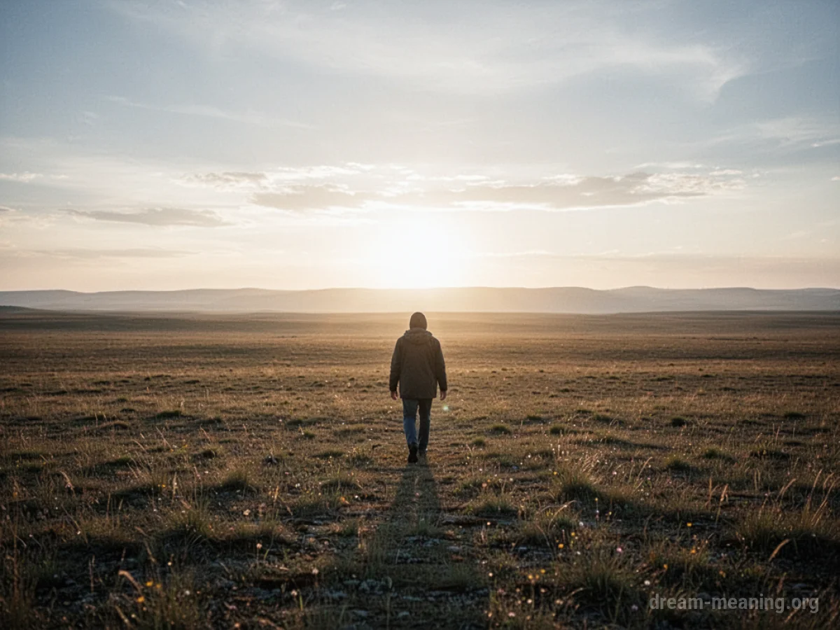 A person walks across an open field towards the horizon.
