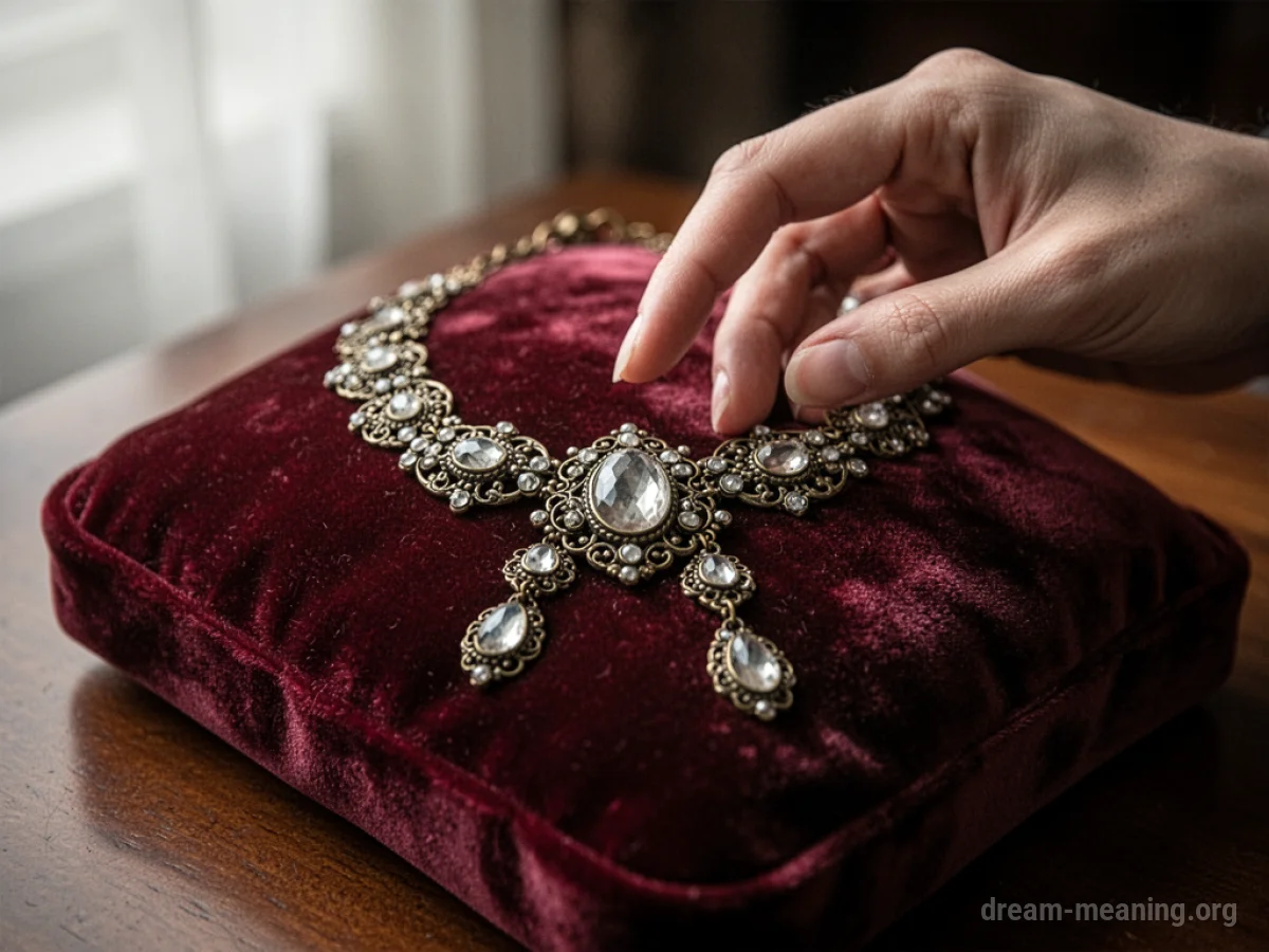 Close-up of a hand touching an antique necklace.
