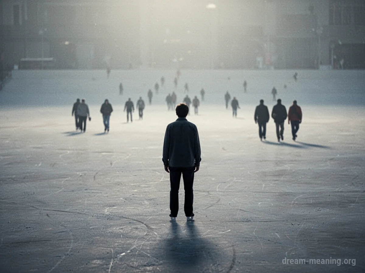 A lone person standing in an empty landscape with figures moving away in the distance.