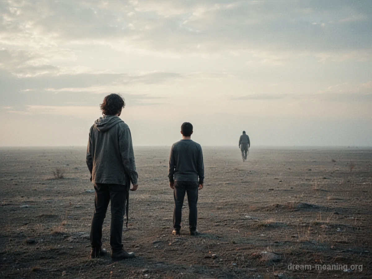 A solitary person watches another figure walk away into the distance.