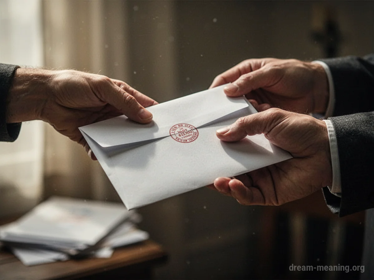 A hand extends to receive a closed envelope from another hand.
