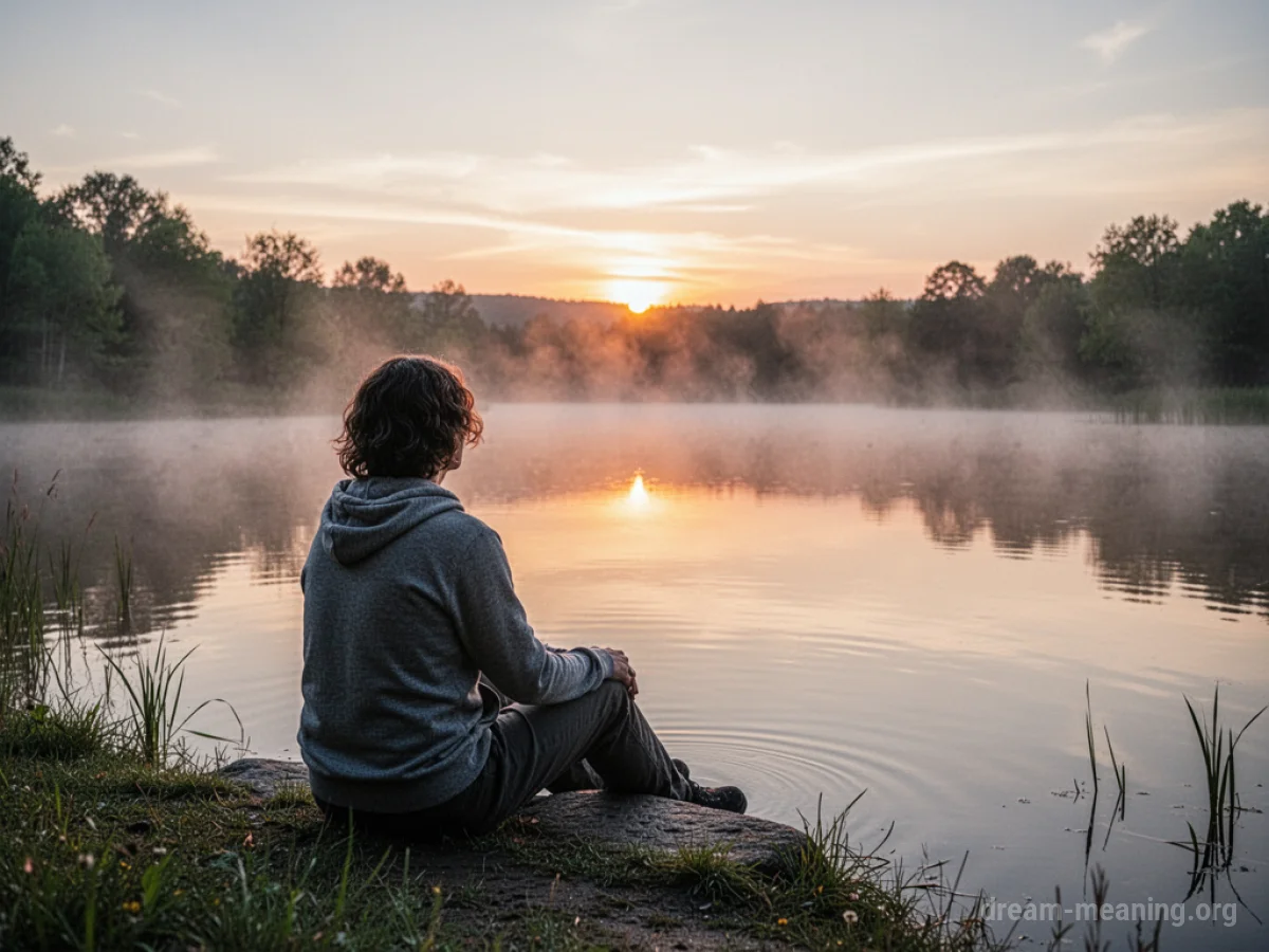 A person meditating by a tranquil lake as the sun rises.