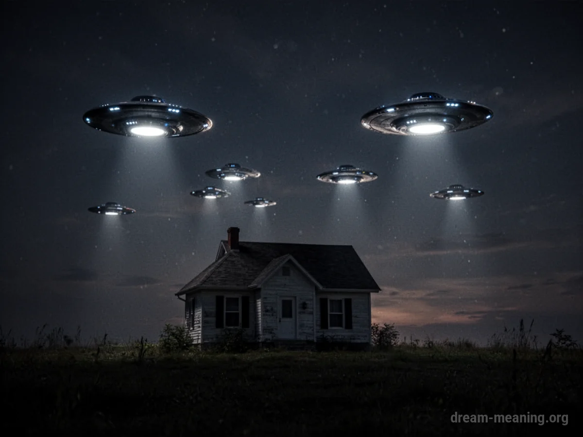 A small house under a night sky with flying saucers in the distance.
