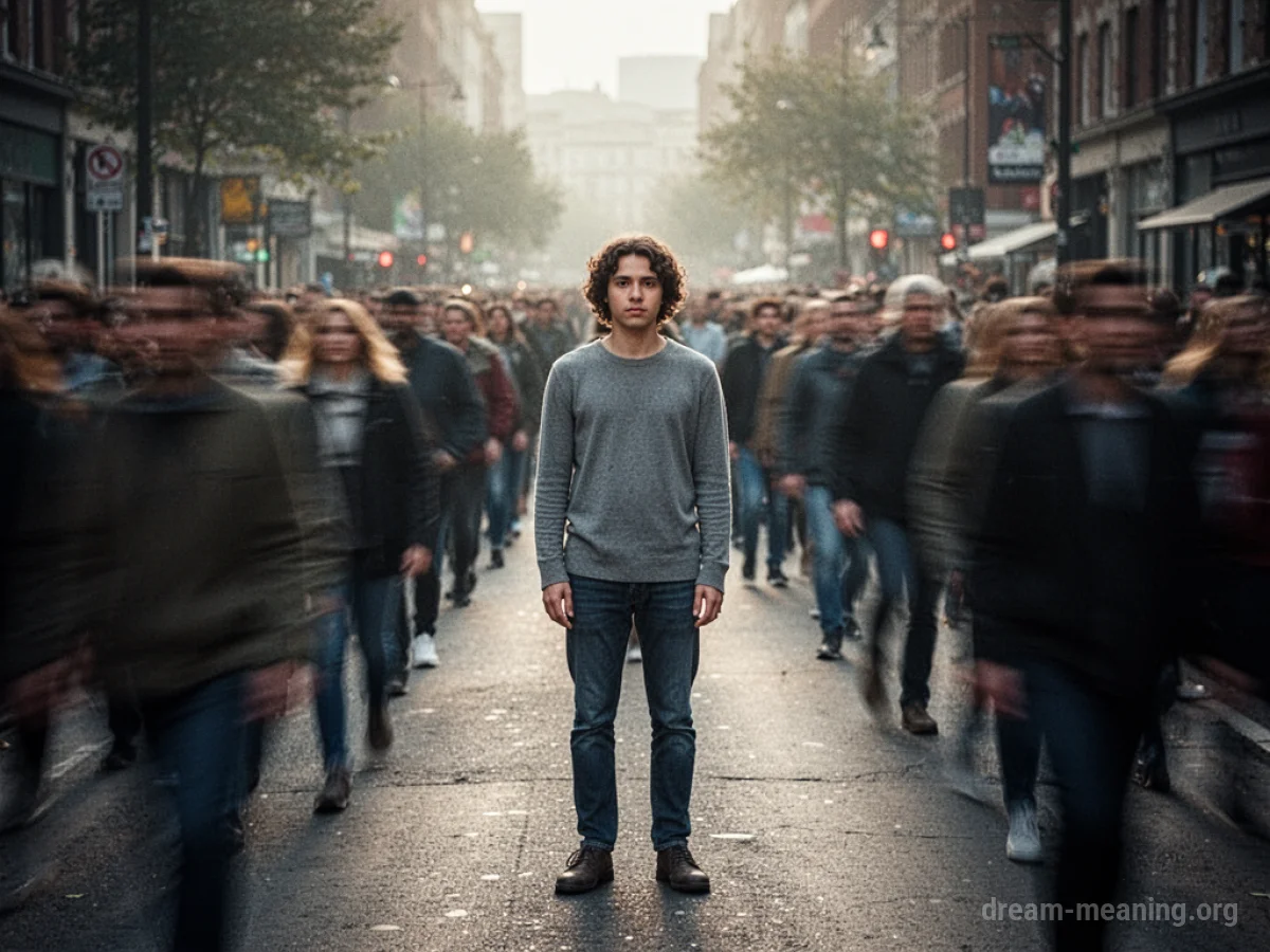 A solitary figure amidst a blurred mass of people.