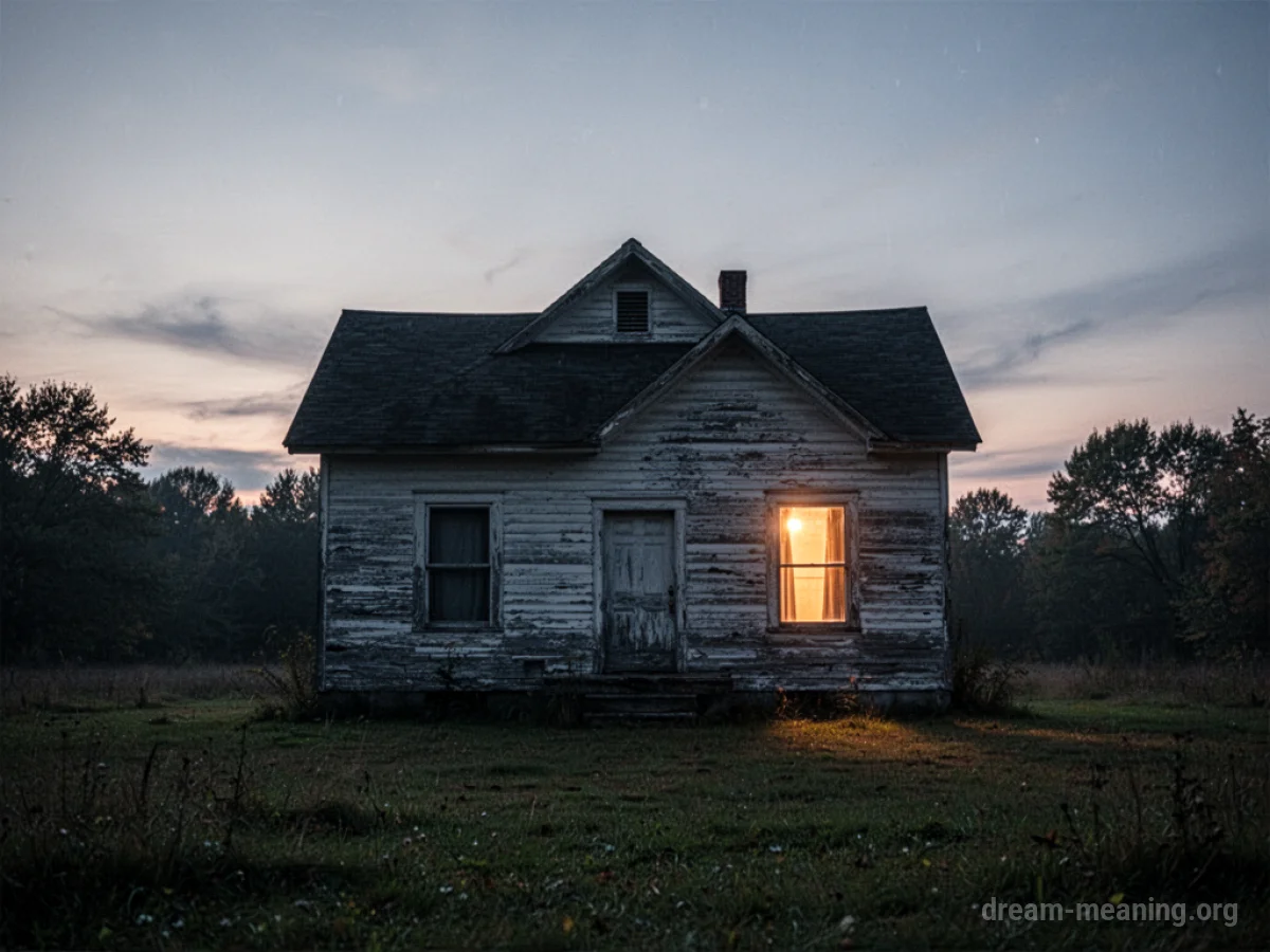 A solitary house at dusk with a single lit window.