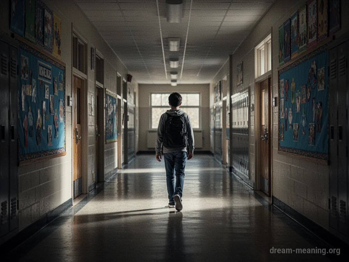 A solitary person walking down a deserted school corridor.