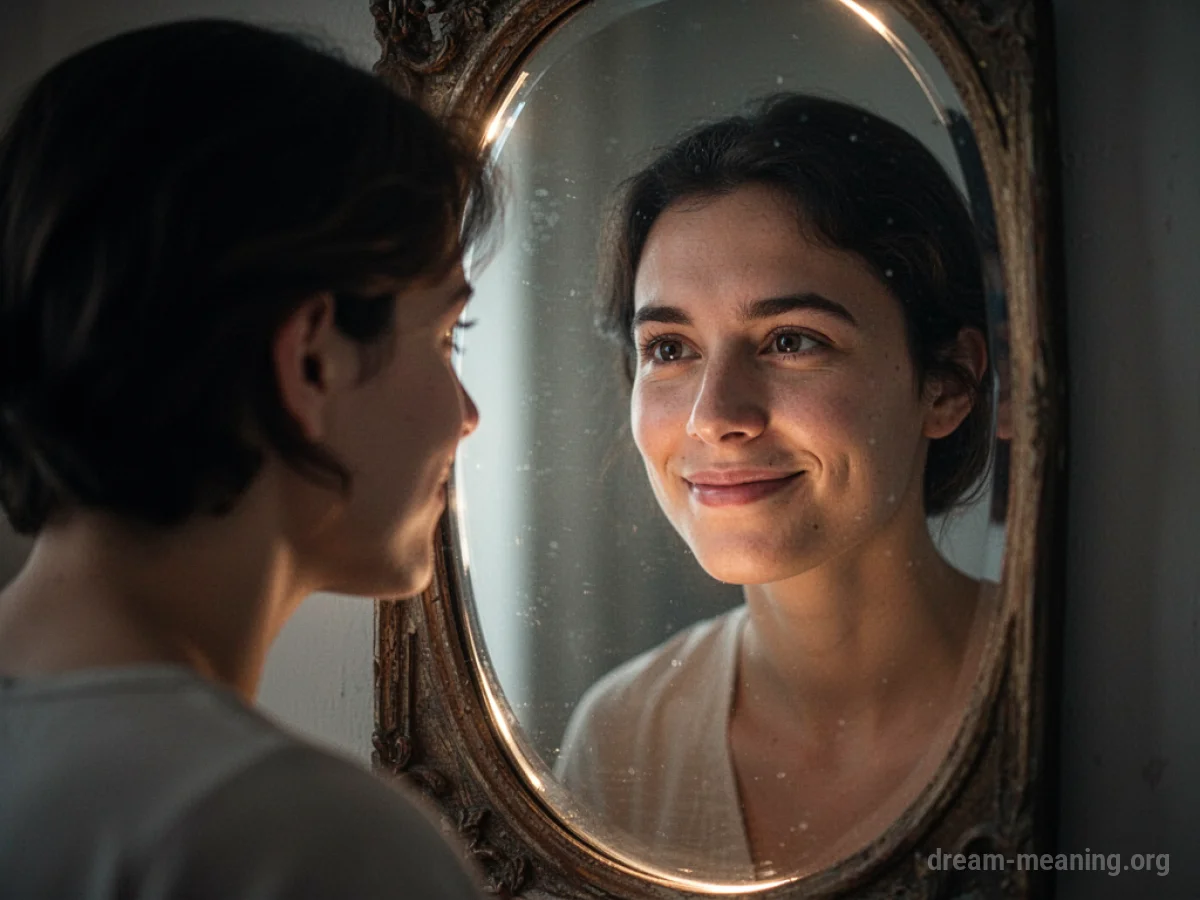 A person's reflection in a mirror showing a slightly more idealized version of themselves.