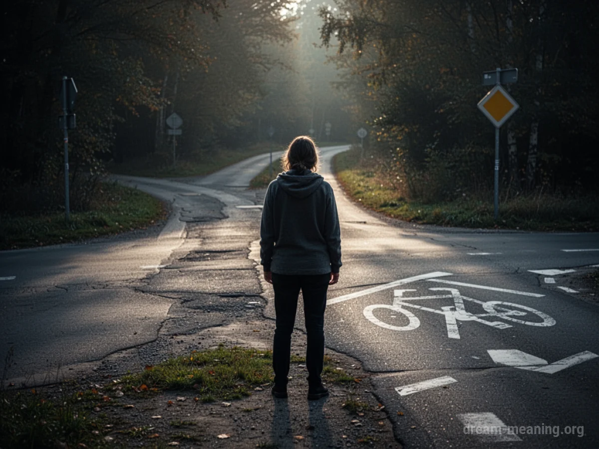 A person at a fork in a path, with one direction dark and uncertain.