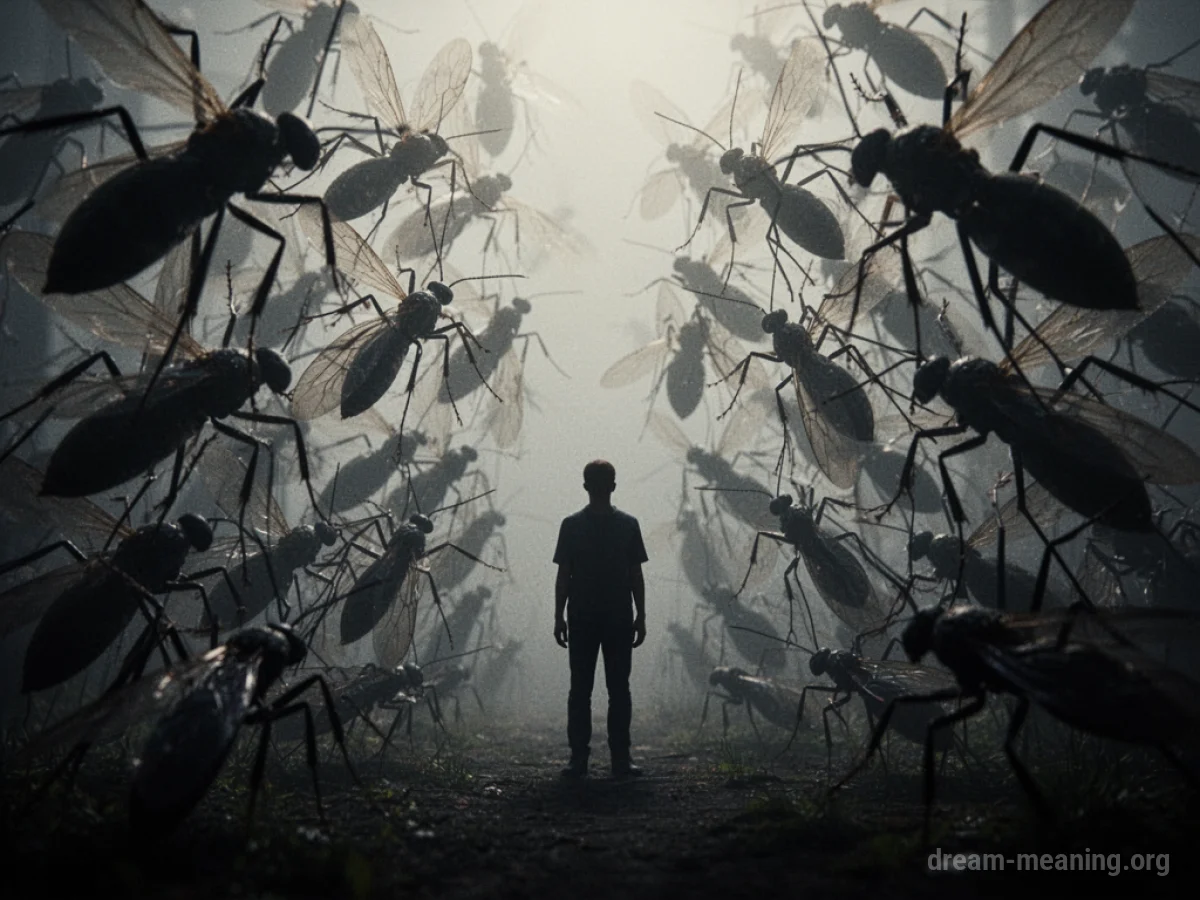 A shadowy figure is surrounded by indistinct, dark shapes resembling insects.