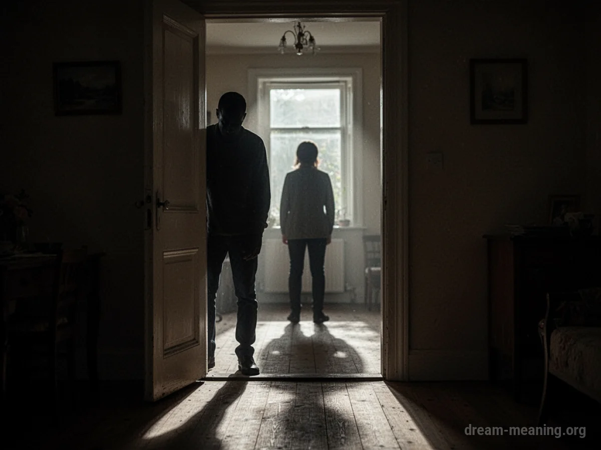 A dark silhouette of a person stands in a doorway, with another silhouette visible inside the room.