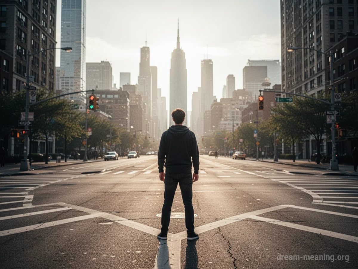 A person stands at a crossroads facing a city skyline.