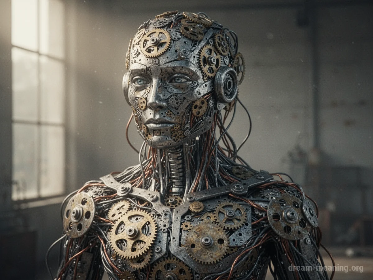 A person constructed from metallic robot parts.