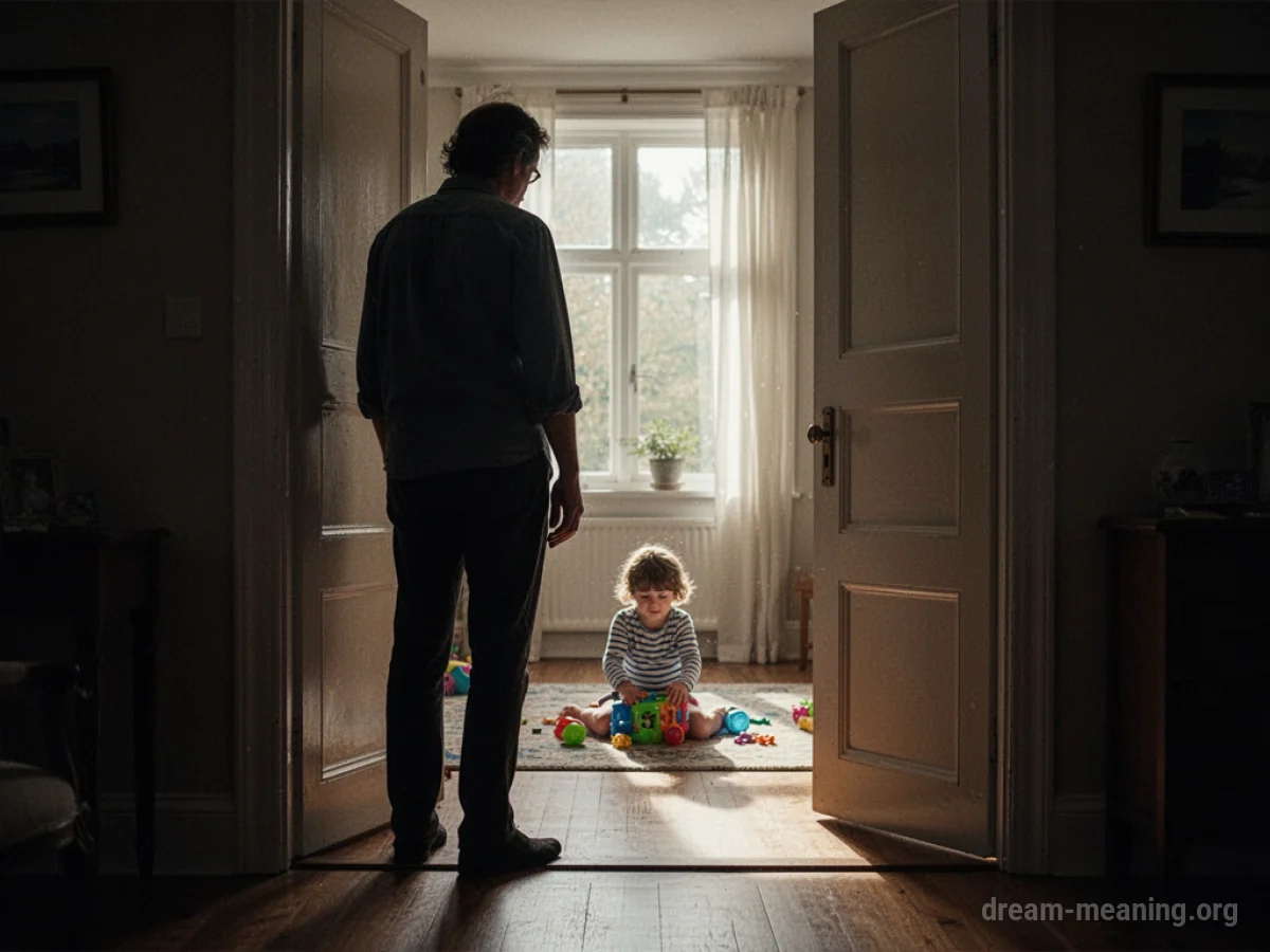 Silhouette of an adult looking into a room where a child plays.