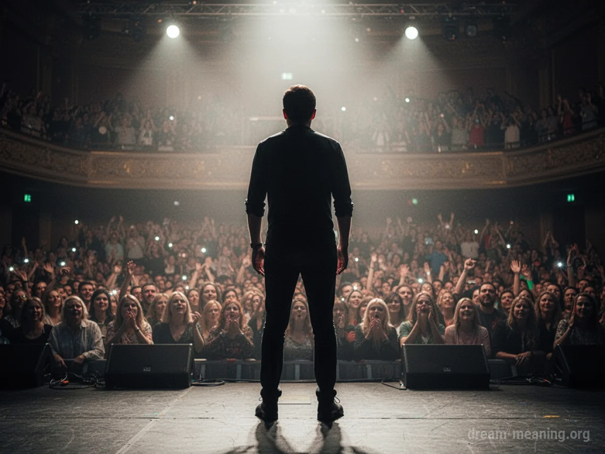 Silhouette of a person on a stage facing an audience.