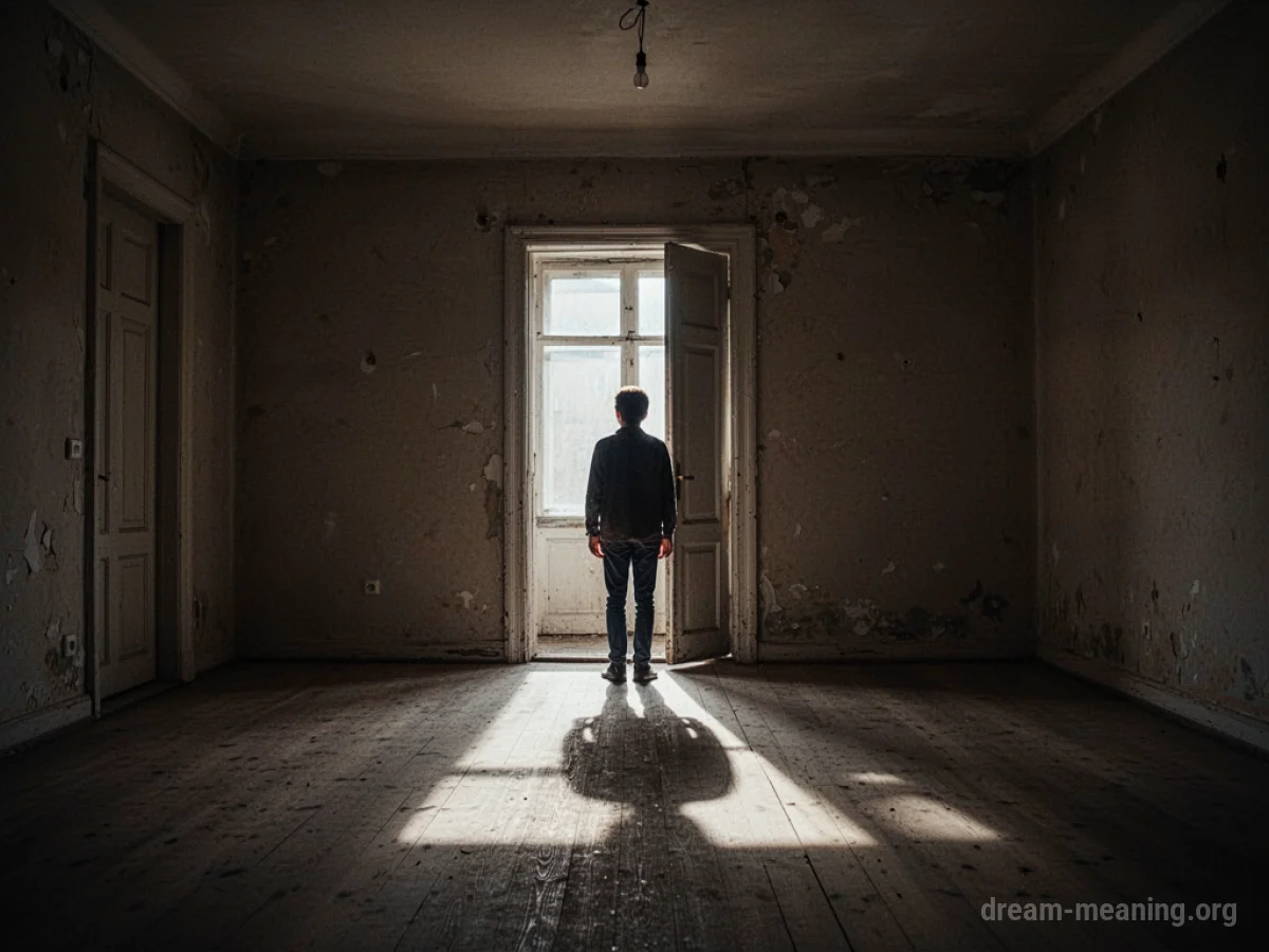 A figure stands in a doorway casting a shadow into an empty room.