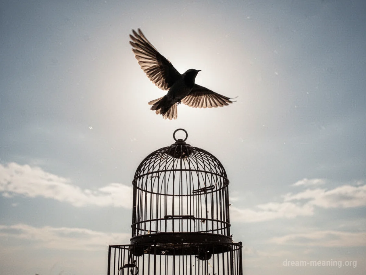 A silhouette of a bird in flight against a bright sky, with an empty cage visible below.