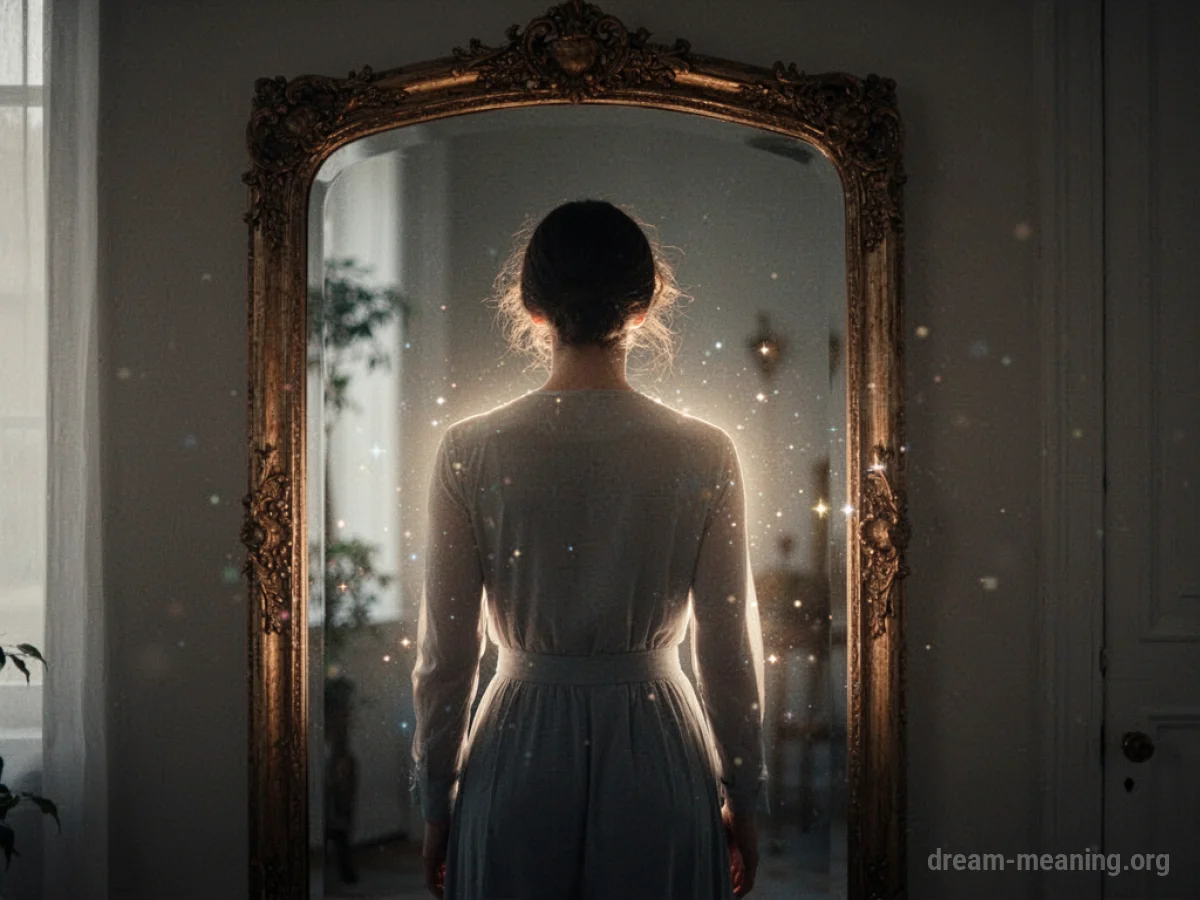 Silhouette of a person in front of a mirror with a gentle glow emanating from their form.