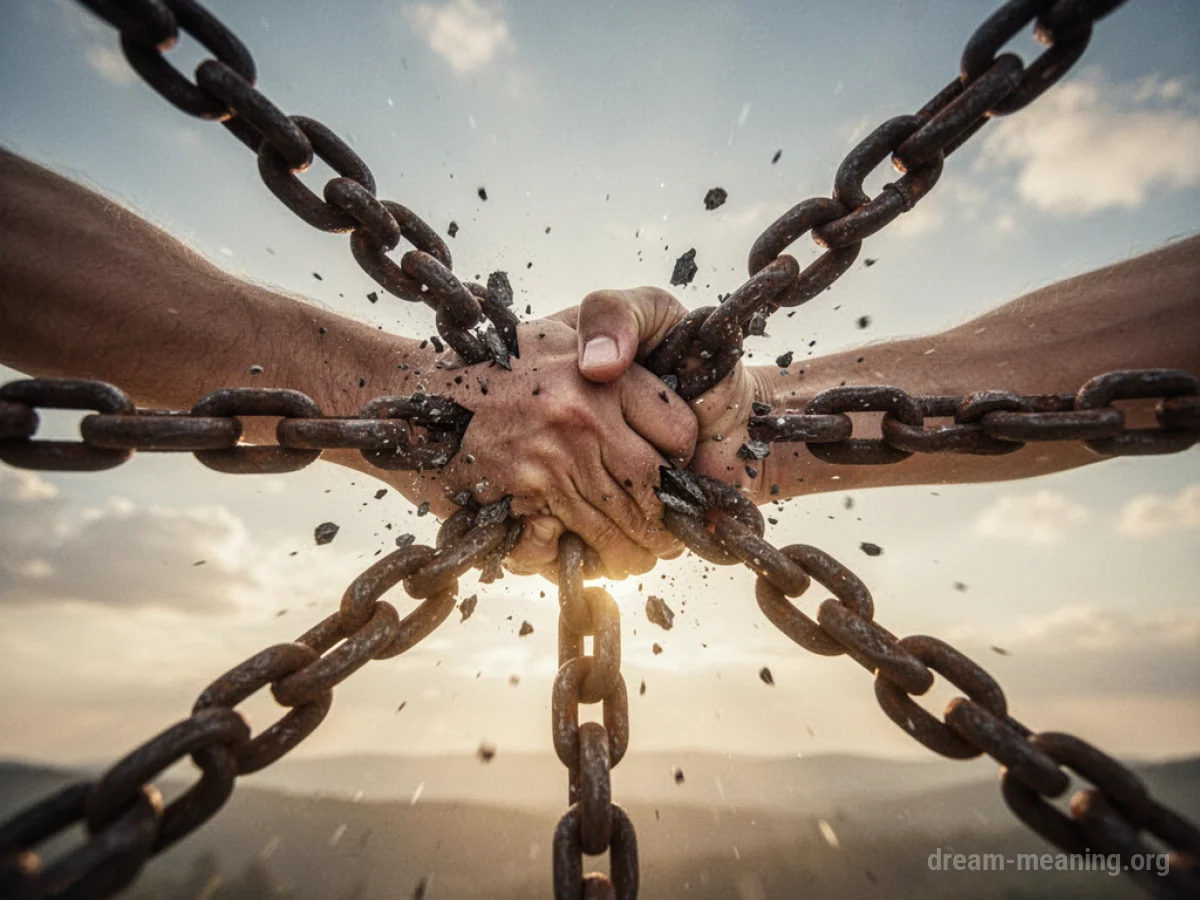 A hand is breaking heavy iron chains.