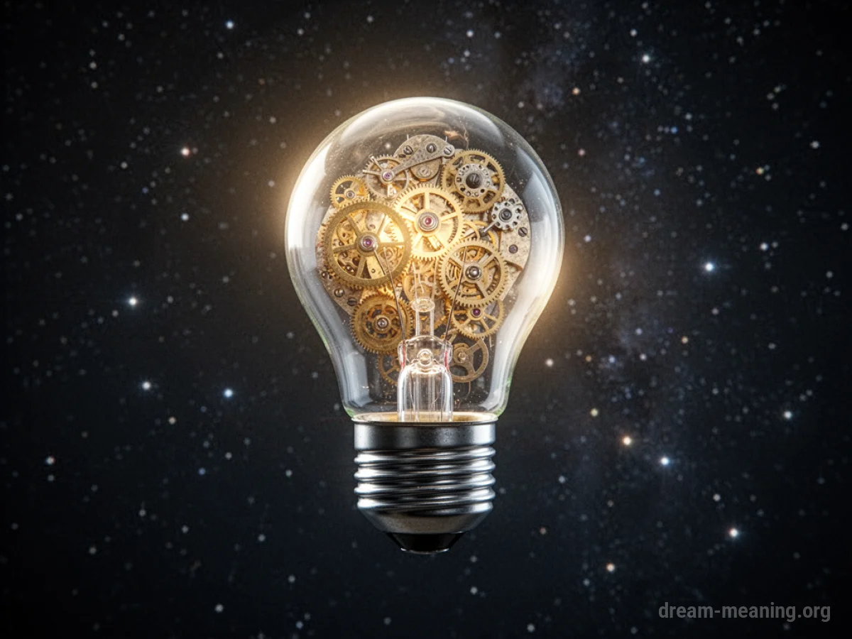 A glowing lightbulb filled with clockwork mechanisms.