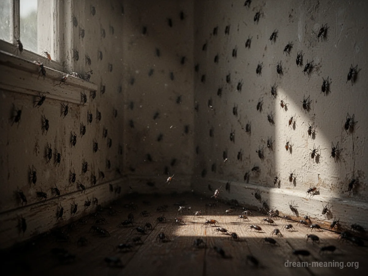 Dark insect-like shapes crawling on the walls and floor of a room.