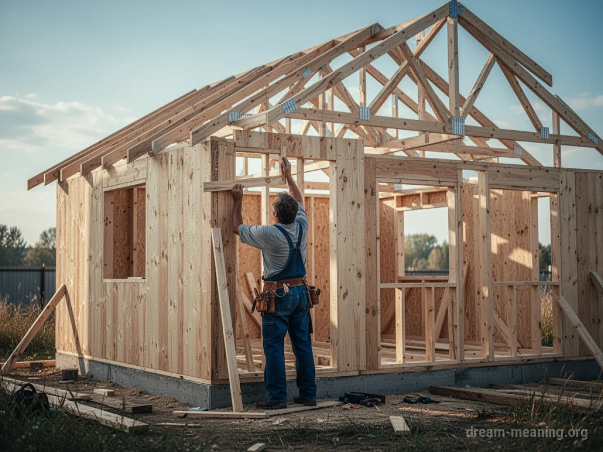A person's hands holding a hammer and nails, working on the wooden frame of a small house.