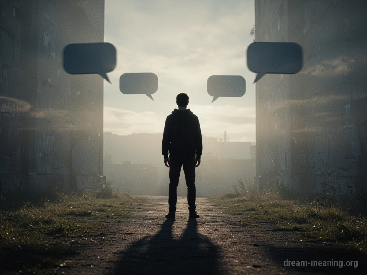 Silhouette of a person with shadowy speech bubbles around them.