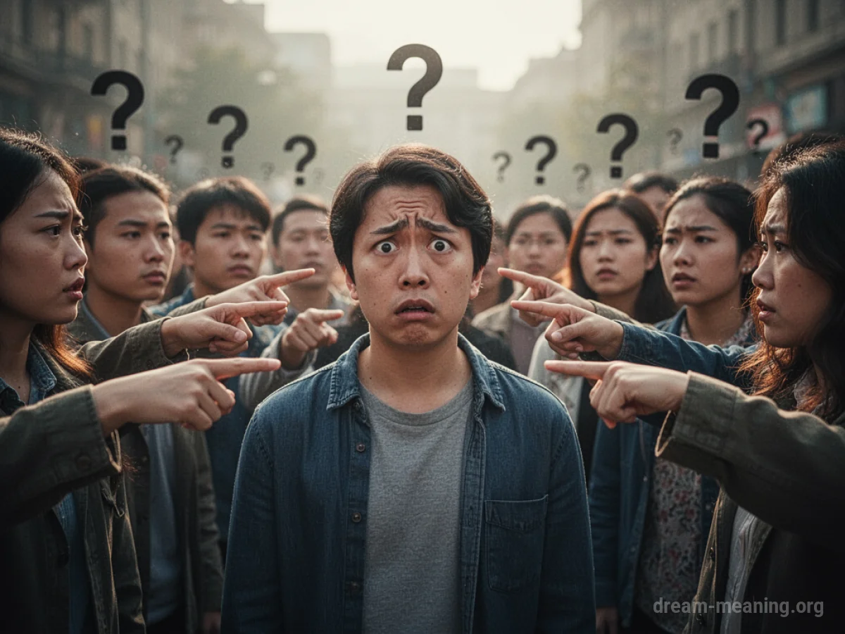 A person in a crowd looking confused as others point at them with question marks.