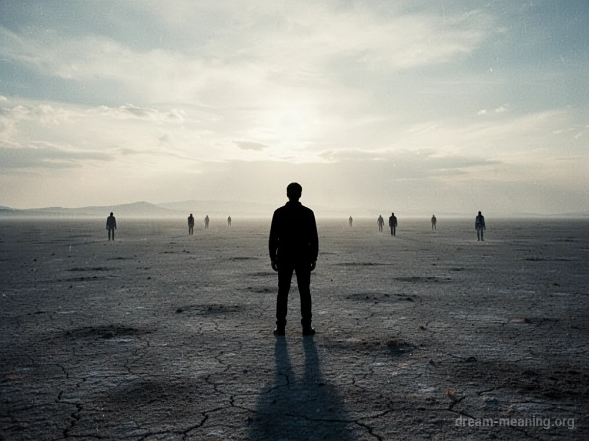 Silhouette of a person standing alone in a wide open space with faint figures far in the distance.