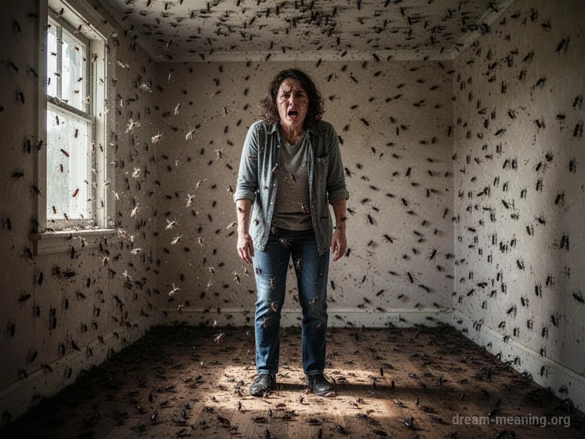 A person surrounded by many crawling insects.