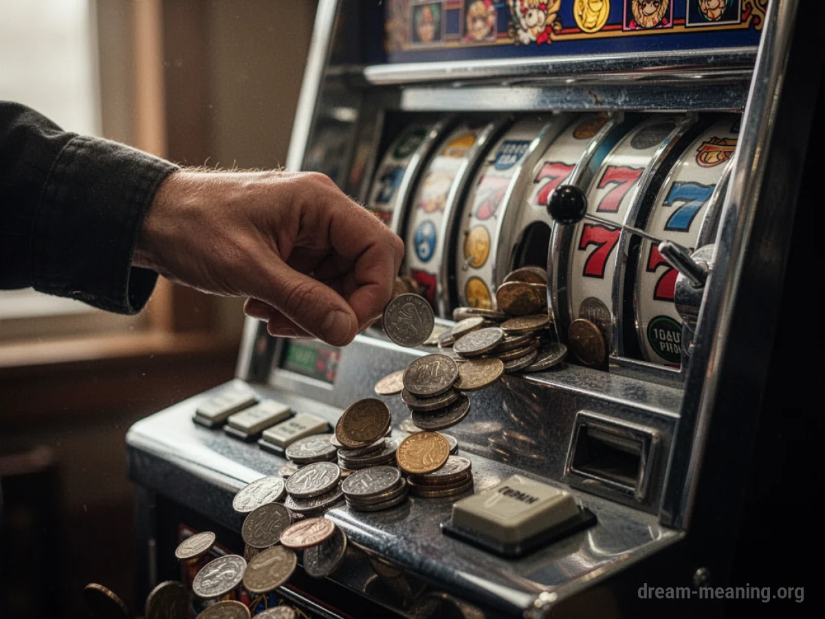 A hand dropping coins into a slot machine.