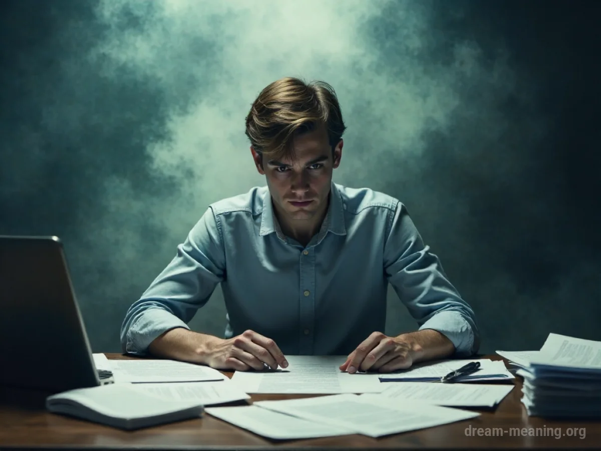 A person sitting at a desk with papers scattered around, their face obscured by a fog.