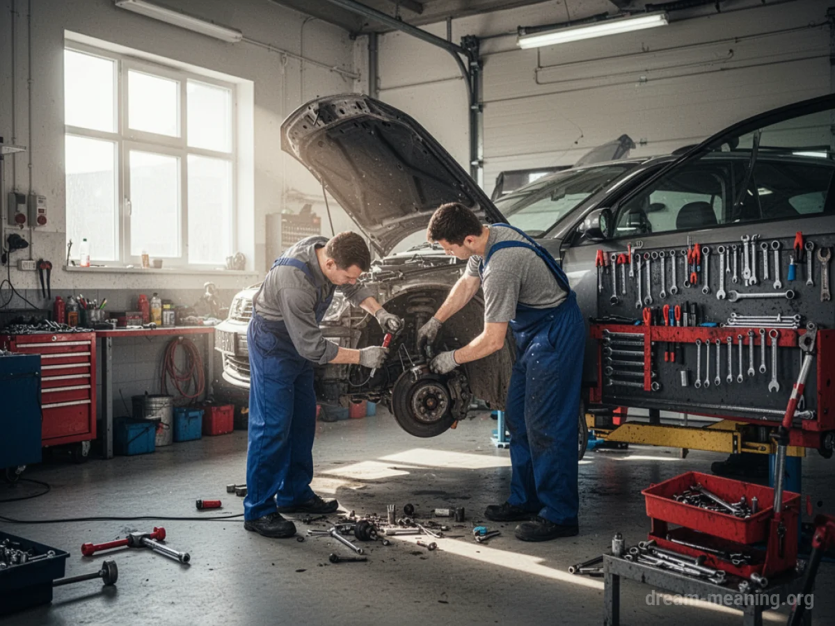 A car on a lift in a garage with a mechanic working on the engine.