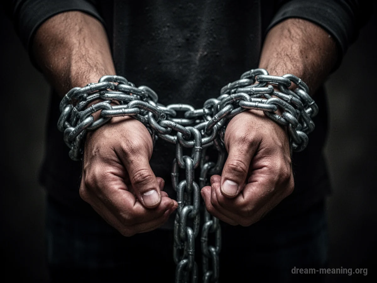 Wrists bound by heavy metal chains against a dark background.