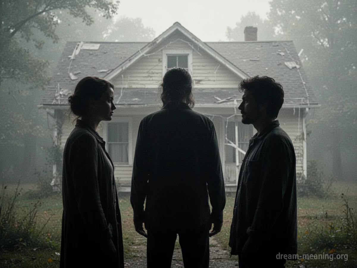 A shadowy figure stands between two silhouetted people, with a faint outline of a past home in the background.
