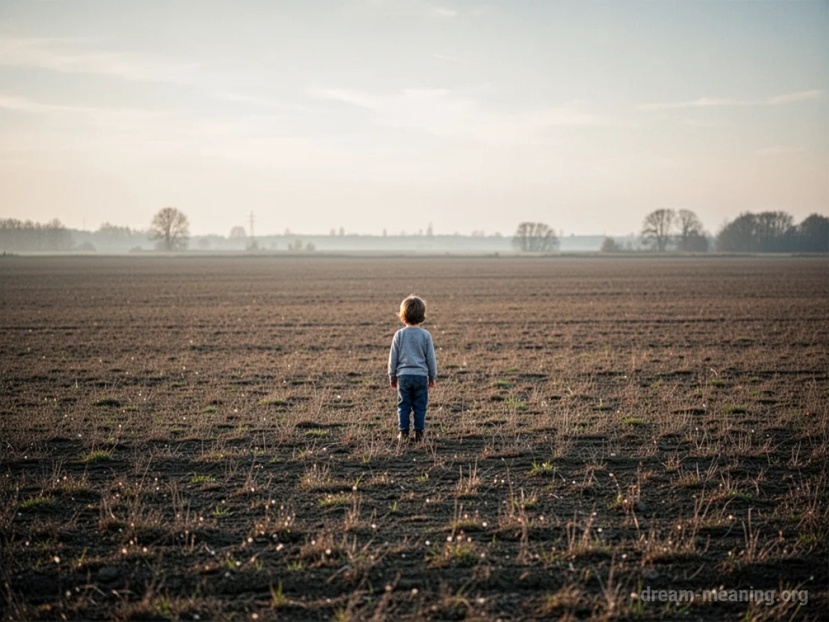 A solitary child stands in an expansive, empty field.