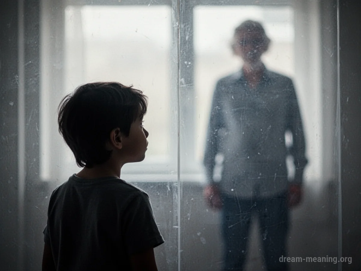 Silhouette of a child behind a translucent barrier, facing away from an adult figure.