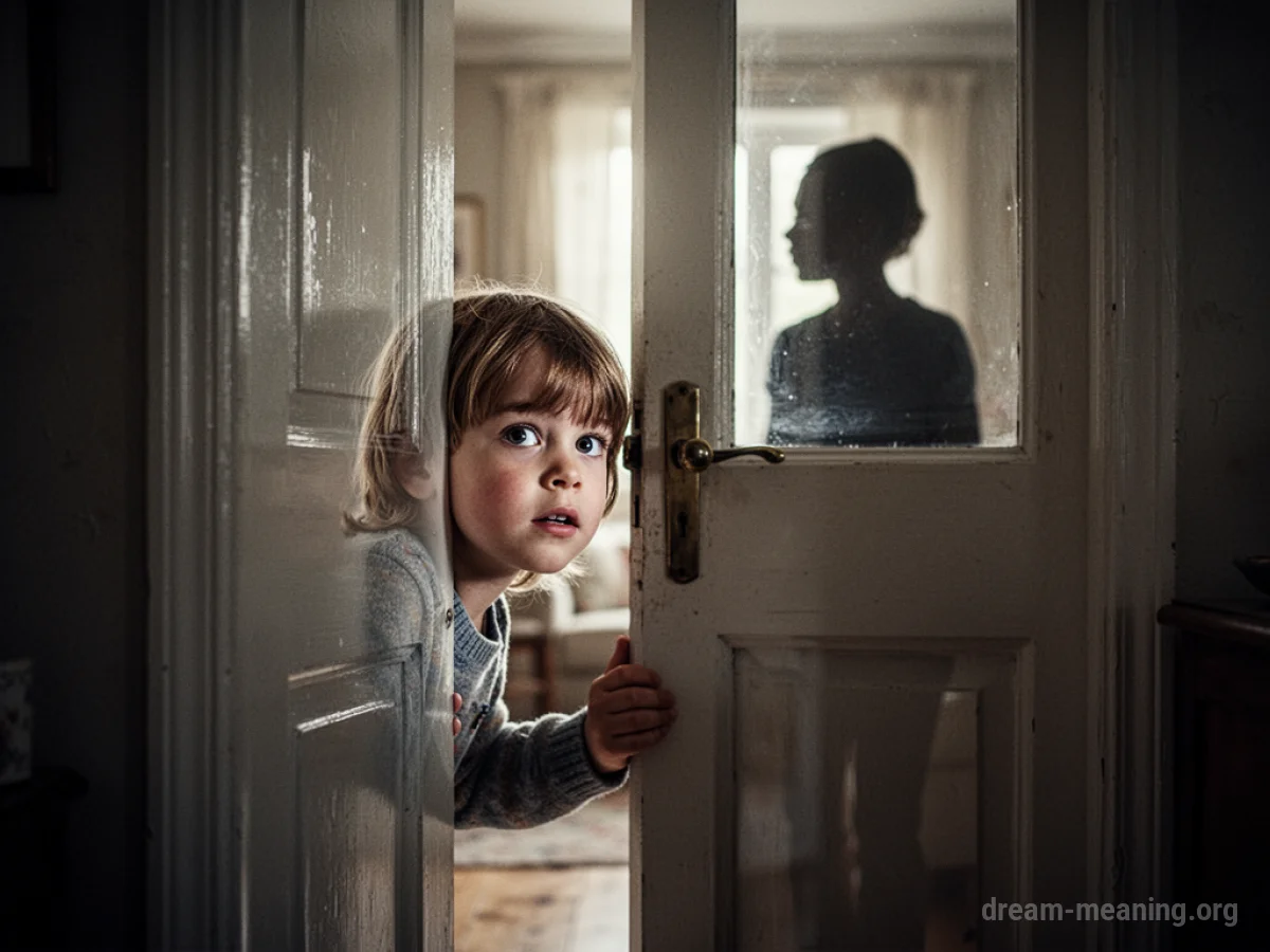 A child's eye peeking through a narrow gap in a door.