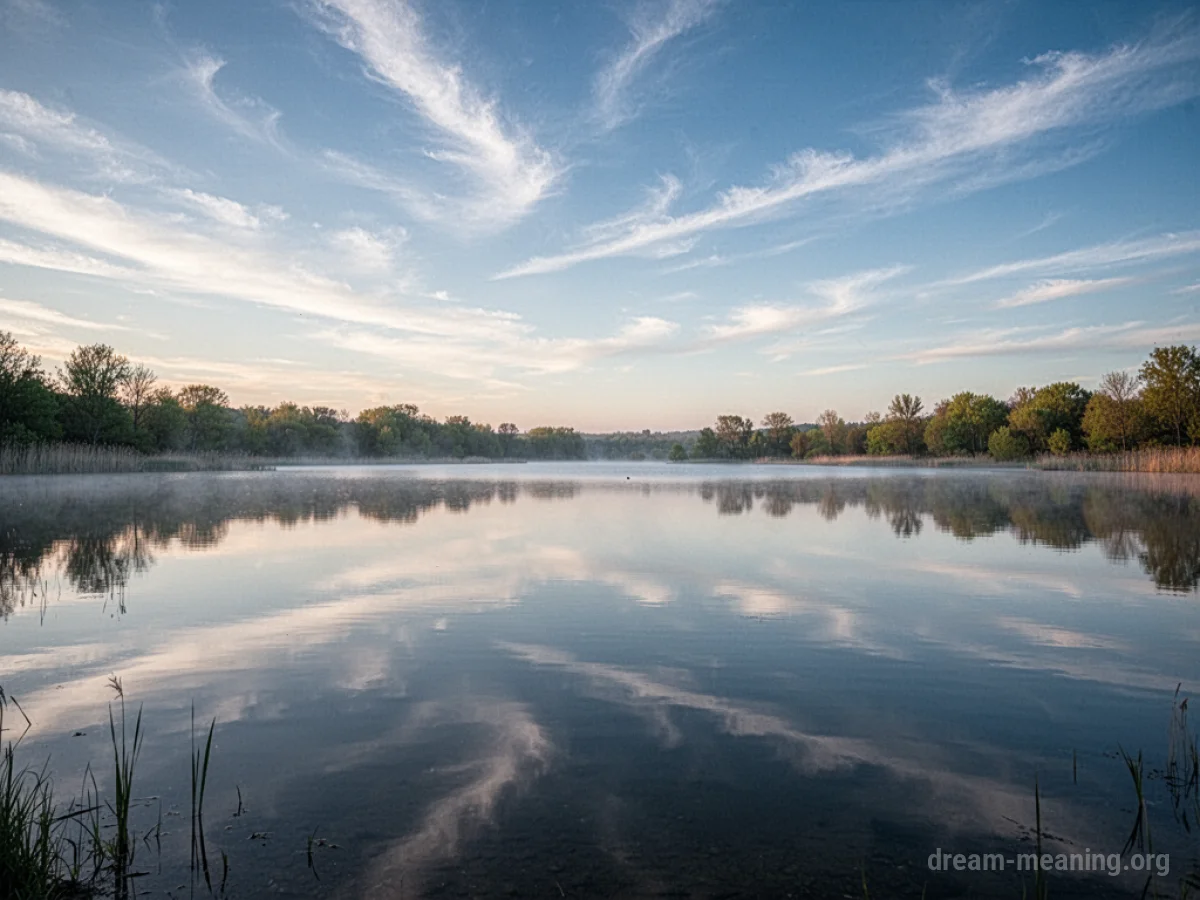 A tranquil lake reflecting a clear sky.