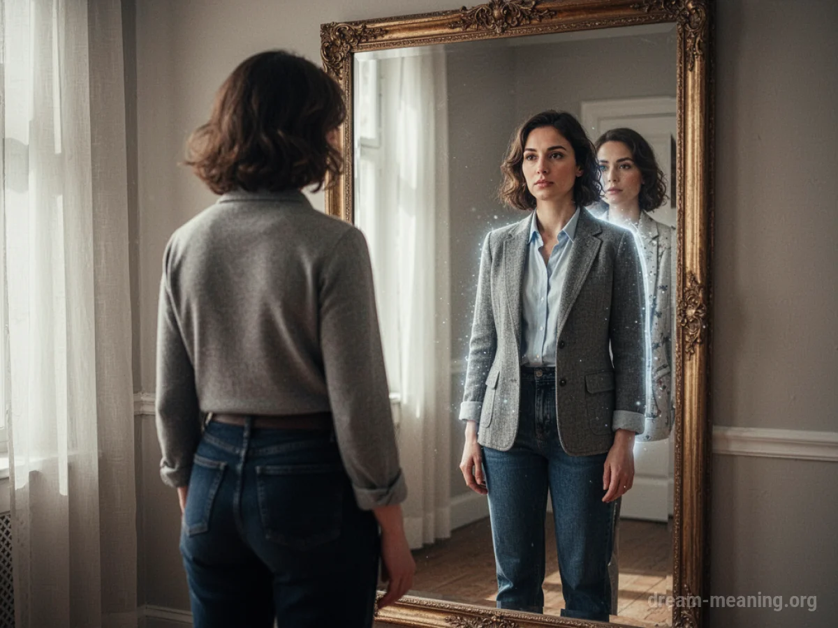 A person's reflection in a mirror displays multiple different outfits on their body.