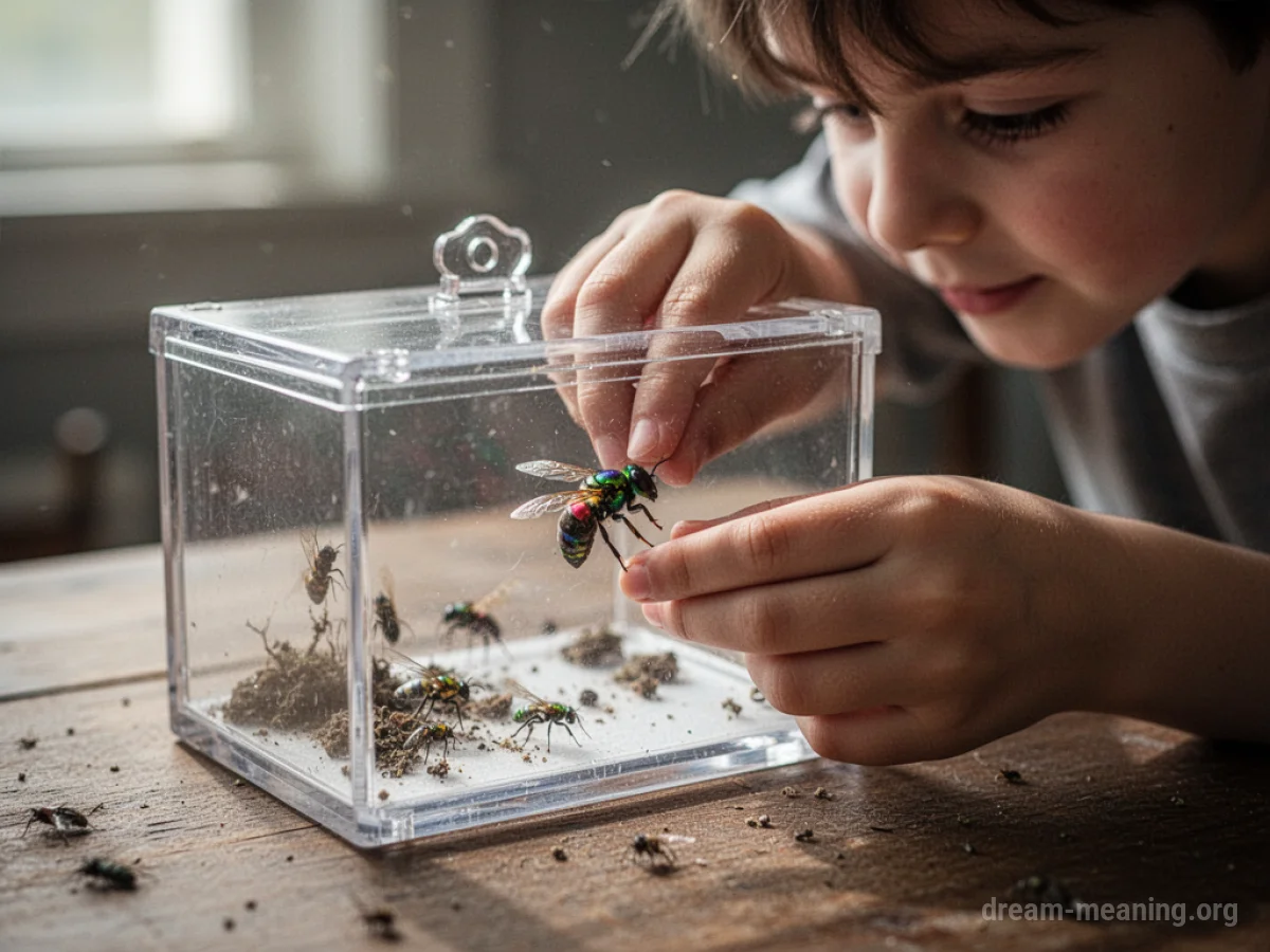 A person's hands holding a clear container with an insect inside.