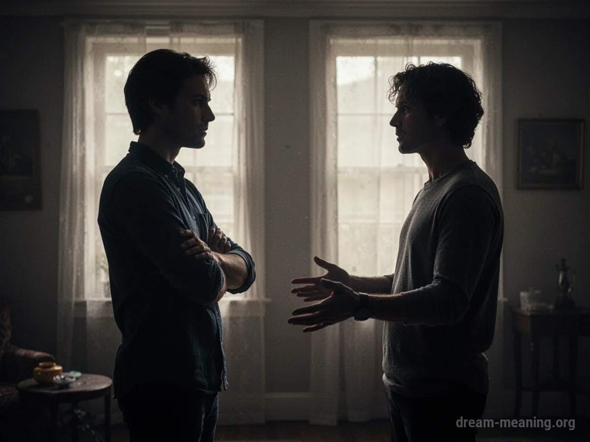 Two silhouetted figures facing each other in a dark room.