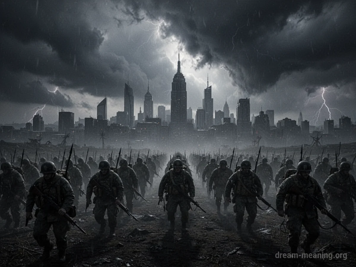 Silhouette of an army approaching a city on the horizon under a dark, cloudy sky.